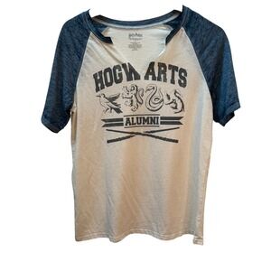 Harry Potter T-Shirt Women M Cream Blue Hogwarts Alumni Raglan Notched Neck